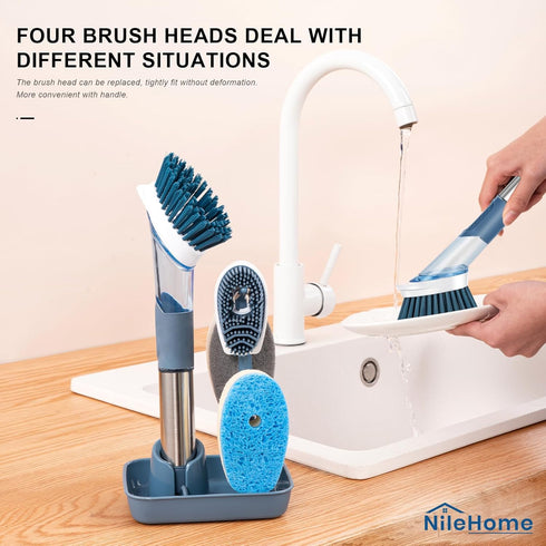 NileHome Soap Dispensing Dish Brush Set, Dish Scrubber with 4 Replaceable Heads Dish Brush with Handle for Pot Pan Sink Cleaning...