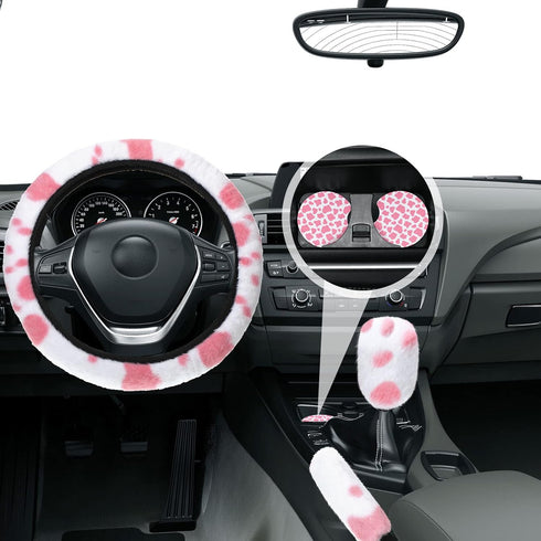 10 Pieces Cow Print Car Accessories Set Cow Fluffy Plush Steering Wheel Cover Shift Cover Handbrake Cover Pad Cup Seat Belt Pad Bracelet Key Chain...