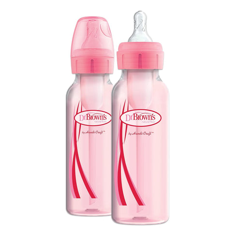 Dr. Brown’s Natural Flow® Anti-Colic Options+™ Narrow Baby Bottles, 8 oz/250ml, with Level 1 Slow Flow Nipple, 4 Pack, Pink/Clear...
