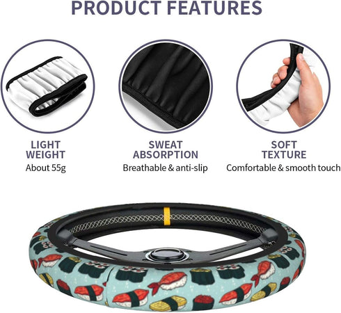 Black Cute Japanese Sushi Steering Wheel Cover Car Accessories Cute for Women Girls Girly Universal 15 Inch Neoprene Auto Interior Decor Anti Slip...