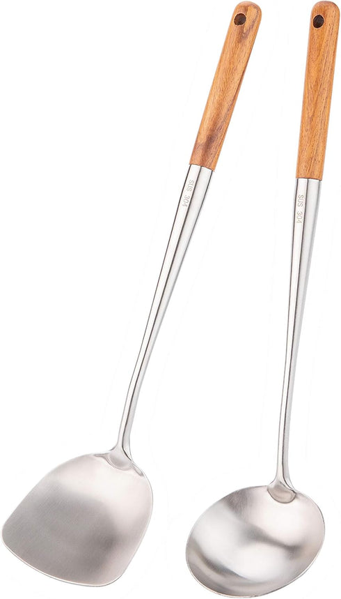 FJNATINH Wok Spatula and Ladle Tool Set, 17inches Spatula for Wok, 304 Stainless Steel Spatula Soup Ladle...