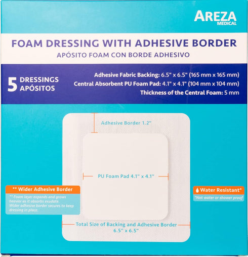 Areza Medical - Foam Wound Dressing Polyurethane - Sterile - 6.5" x 6.5" (16.5 cm x 16.5 cm) - Adhesive Border - 5 PCS - FSA/HSA Approved...