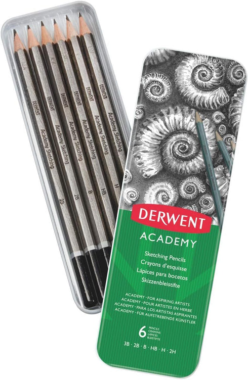Derwent Academy Sketching Pencils, 6 Degrees of Hardness, Metal Tin, 6 Count (2301945)...
