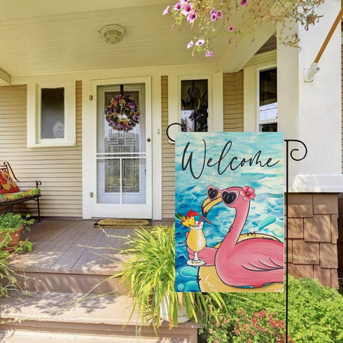 Garden Flags for Outdoor, Summer Tropical Flamingo Drink Juice Welcome Small Yard Flags for Outside, Swimming Pool Decoration for Party Holiday 28...