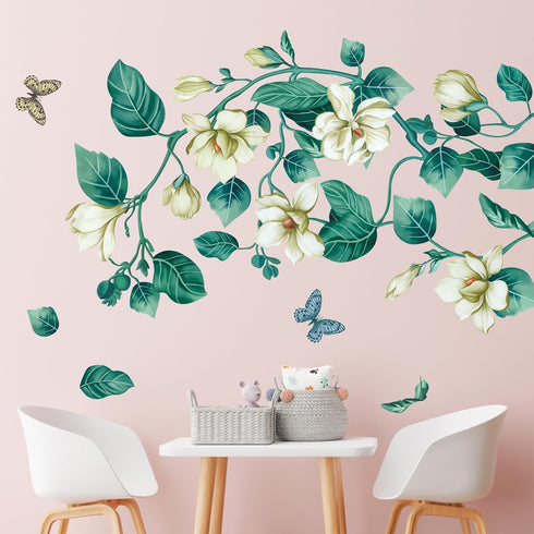 Amaonm Removable DIY 3D Blue Flower Vine White Floral Leaf Art Decor Kids Room Wall Sticker Girls Teens Bedroom Living Room Wall Decals Nursery Ro...