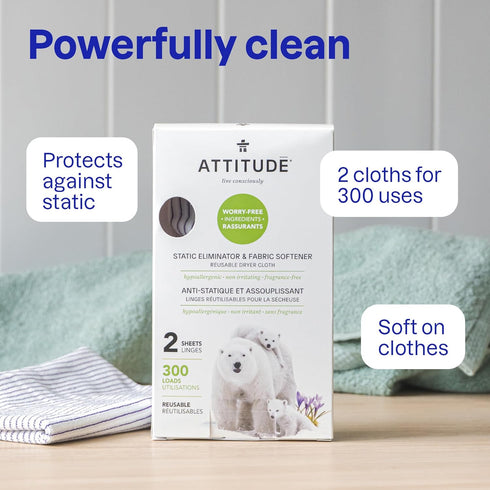 ATTITUDE Reusable Dryer Sheets, Static Eliminator & Fabric Softener, Fragrance-Free Laundry, Made in Canada, 300 Loads, 2 Sheets (1 Pack)...