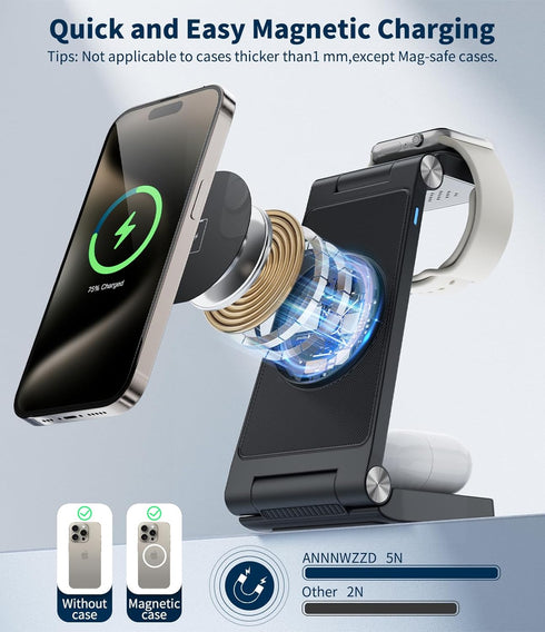 ANNNWZZD 3 in 1 Wireless Charging Station for Apple MagSafe Charger phone and watch charger station for iphone, Iphone wireless Charger Stand Comp...