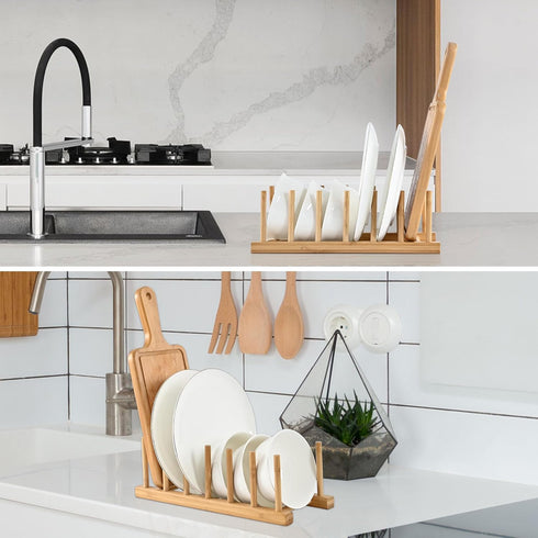 INNERNEED Bamboo Wooden Dish Rack, Vertical Plate & Lid Organizer for Kitchen Cabinet or Countertop, Drying Stand for Dishes, Cutting Boards...