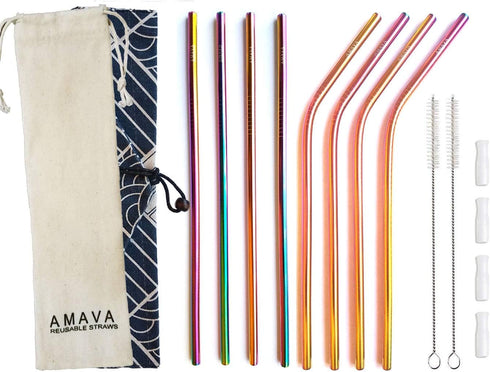 Reusable Straws Set, Stainless Steel Metal, Colorful, Includes 8 Straws, 4 Silicone Tips, 2 Cleaning Brushes, and 2 Travel Pouches, Draw String Ba...