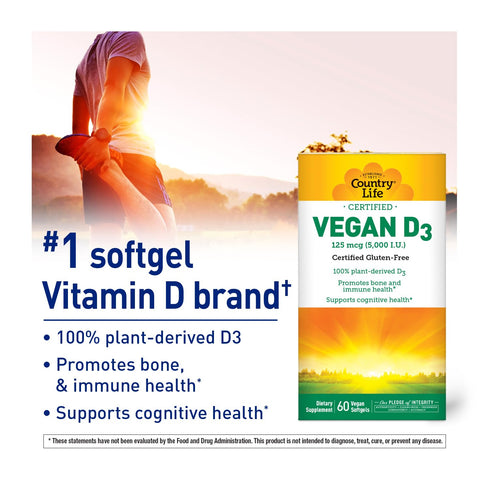 Country Life Vegan D3 5000 IU – Plant-Derived Vitamin D3 from Lichen – High Potency Immune & Bone Support – Certified Vegan, Gluten-Free, Non-GMO ...