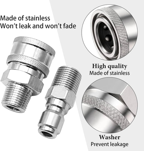 2 Sets 3/8 Inch NPT Stainless Steel Pressure Washer Quick Connect Plug Coupler Kit, Male and Female Fittings with Internal and External Threads...