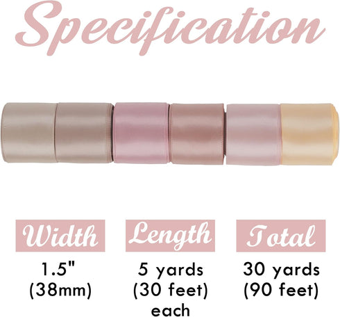 HUIHUANG Rose Pink Ribbon 1-1/2" Dusty Rose/Rose Gold/Rose Pink/Rosy Mauve/Vanilla/Peach Satin Ribbons for Wedding Flower Bouquet Bows Bridal Gift...