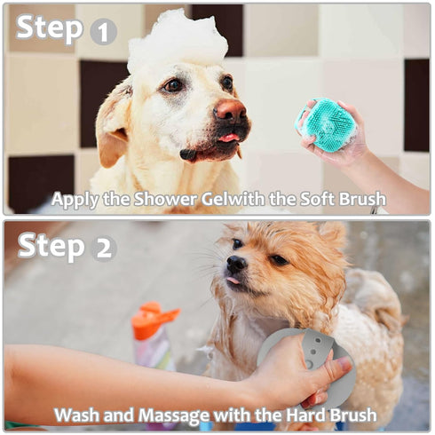 ELEGX Pet Grooming Bath Massage Brush with Soap and Shampoo Dispenser Soft Silicone Bristle for Long Short Haired Dogs Cats Shower (Grey+Blue+Mass...