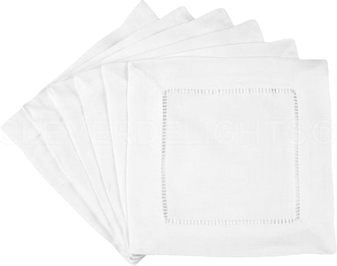 CleverDelights 6" White Cotton Hemstitch Cocktail Napkins - 12 Pack - 100% Cotton...