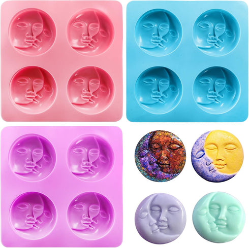 Hedume 3 Pack Sun & Moon Silicone Soap Molds, 4 Cavity Sun & Moon Face Soap Molds, Crescent Moon Face Silicone Soap Mold for Handmade Bath Bombs, ...