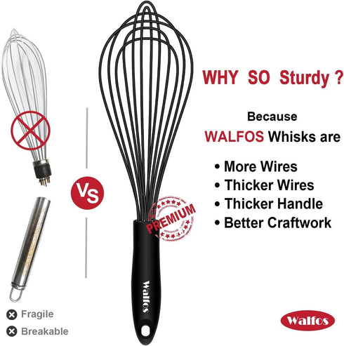 Silicone Whisk Set, Walfos 8.5''+10''+12'' Balloon Whisk and 6.7'' Mini Whisk Set for Blending Beating Stirring and Kitchen Cooking?Black?...