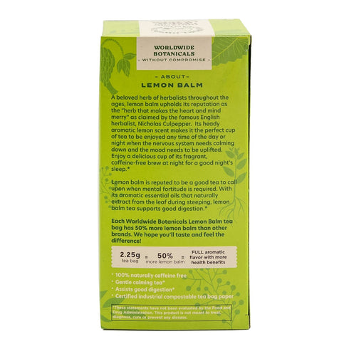 Worldwide Botanicals Organic Lemon Balm Tea - 50% more herbs with 2.25g per tea bag - 100% Pure Lemon Balm Leaves, Kosher, 25 tea bags...