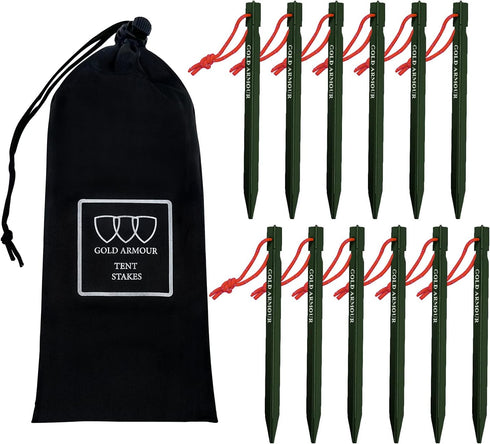 Gold Armour Tent Stakes - 12 Pack Heavy Duty, Lightweight, Camping Stakes Pegs for Outdoor Tent and Tarp, Essential Camping Gear Equipment Accesso...