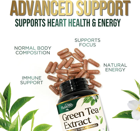 Green Tea Extract Capsules 1000mg with EGCG - 98% Standardized Polyphenols for Heart Support with Antioxidants - 3X Absorption Green Tea Pills for...