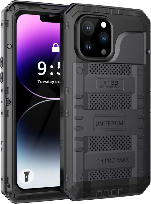Unitedtime for iPhone 14 Pro Max Case Waterproof with Built-in Screen Protector Full Body Rugged Hard Silicone, Military Grade Shockproof Dustproo...