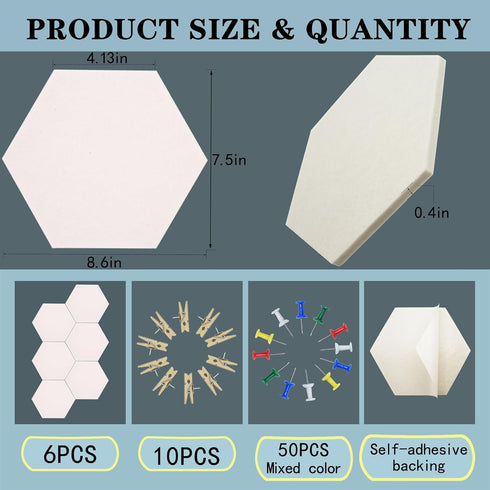 6Pcs White Hexagon Bulletin Board Strips,White Felt Pin Board Bar Strips with 50 Pushpins, Self-Adhesive Felt Cork Board Strips for Wall to Displa...