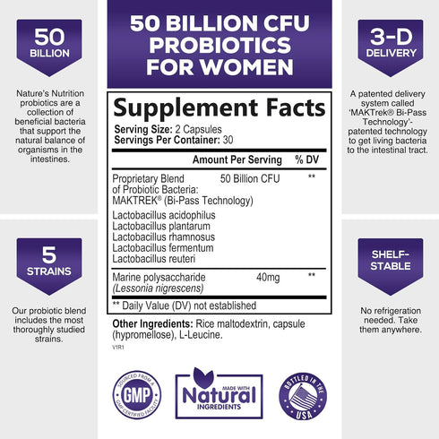 Probiotics for Women's Digestive Health, 50 Billion CFU for Vaginal pH, Gut Health & Immune Support, Daily Probiotic Supplement for Feminine Healt...