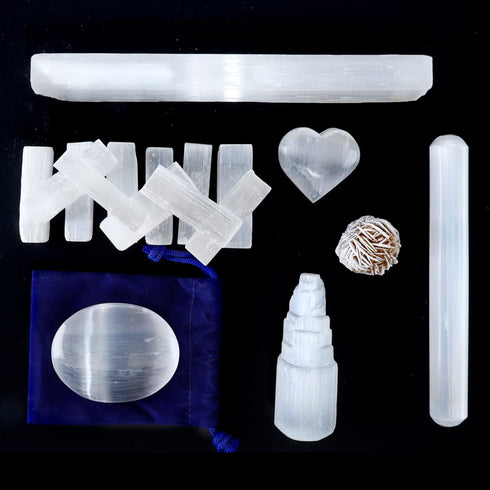 DANCING BEAR Selenite Protection Collection (22 pc Set): 12-15 Sticks (1.5-2”), Palm Stone, Heart, Tower, 8" Stick, 5.5" Massage Wand, and Desert ...