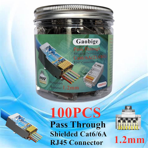 100-Pack Cat6 Cat6A RJ45 Pass Through Connectors Ends, Shielded RJ45 Connectors for 23AWG Cat6 Shielded Solid Wire and Standard Cable 100 Pack (1....