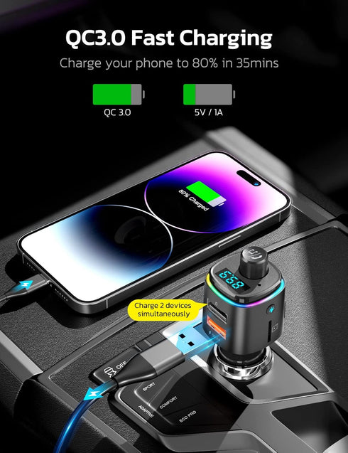 Nulaxy Bluetooth FM Transmitter for Car, QC3.0 Fast Charge Bluetooth Car Adapter, Wireless Radio Car Kit with 7 Color LED Backlit, Support Hands-F...