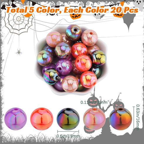 100Pcs 5 Colors 16mm Acrylic Beads Bulk Halloween Theme Beads AB Color Opaque Round Beadable Pens Bubblegum Chunk Bead for Jewelry Making Beading ...