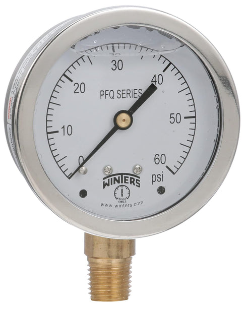 Winters 2-1/2" Dial Size, Liquid Filled Industrial Pressure Gauge, Brass Internals, 304 Stainless Steel Case, Single Scale 0-60 psi, 1.5% Acc, 1/4...