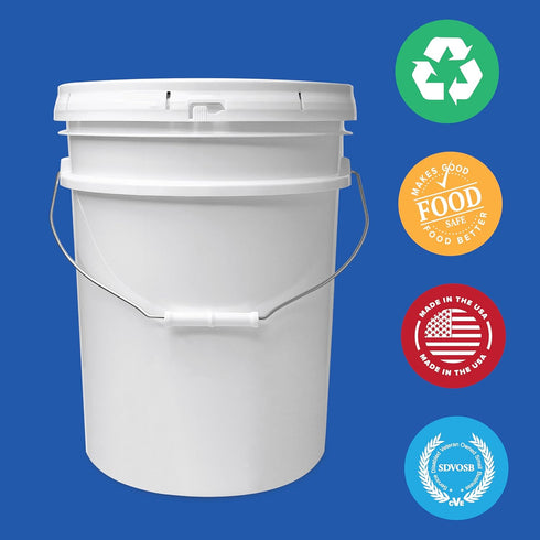 5 Gallon White Bucket & Lid, Made in The USA, Durable 90 Mil All Purpose Pail, Food Grade, Contains No BPA Plastic, Premium HPDE, 1 Pack...