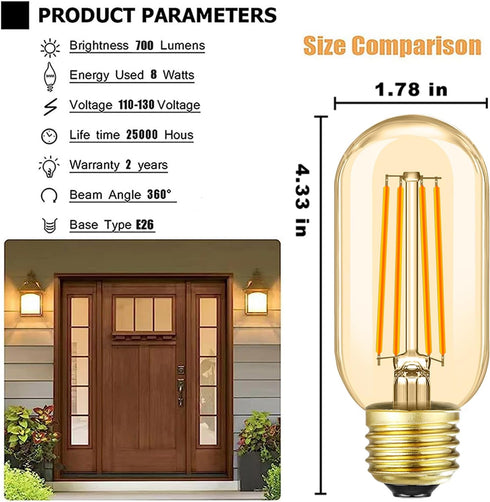 Leools T45 LED Bulb,8W E26 LED Bulb Dimmable Equivalent E26 Bulb 75 Watt,Amber Warm White 2700K E26 Edison Bulb T14,AC120V,700lm,CRI90,Amber Glass...