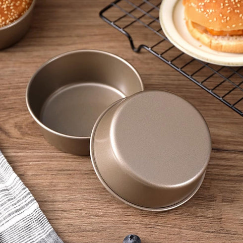 2Pcs 4 inch Round Steel Bread Cake Pan Mini Bread Hamburger Bun Molds Non-stick Cheesecake Baking Mold Cupcake Pan Round Cake Pan for Birthday Par...