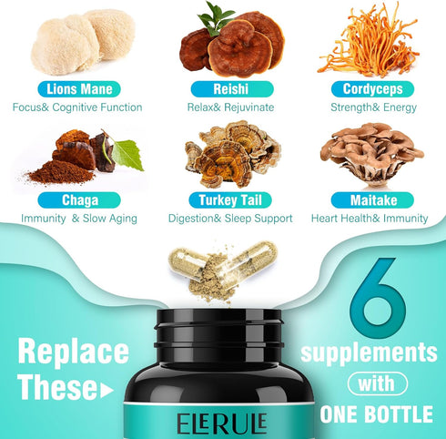 6 in 1 Mushroom Supplement - Focus, Memory, Nootropics Brain & Immune Support Mushroom Complex with Lions Mane, Reishi, Cordyceps, Chaga, Turkey T...