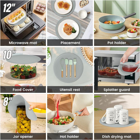 Multi-use Microwave Mat, 3 Pack Trivets, Hot Pad, Pot Holders, Place Mat, Utensils Rest, Silicone Cover Pad for Kitchen Counter (Non-Slip, Heat Re...