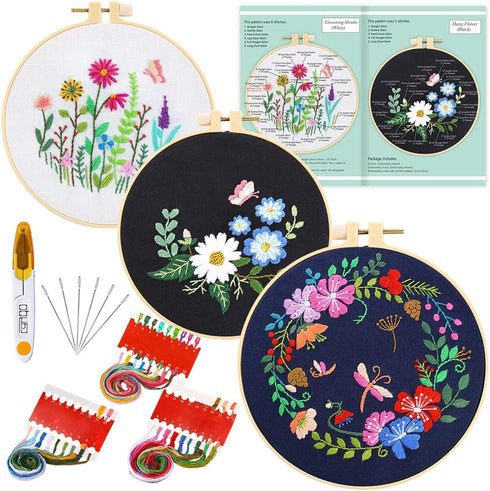 Caydo 3 Sets Cross Stitch Kits forBeginners, Adults Including Embroidery Fabric with Floral Pattern, Embroidery Hoop, Thread and Tools...