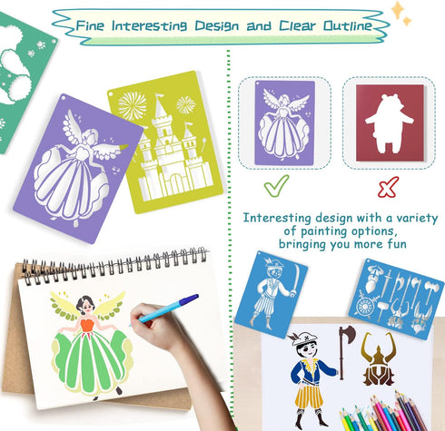30 Pieces Stencils for Kids with 5 Pcs Scratch Paper, 7 x 9.85 Inch Large Sidewalk Chalk Stencils, Princesses Fairies Themed Primary Shape Stencil...