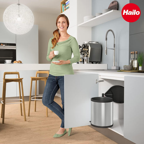 Hailo Compact-Box M Trash Can, 4 Gallon, Lid-Lift, Small Kitchen Bin, Stainless Steel...
