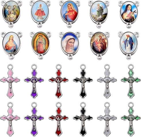 84Pcs/42Sets Rosary Kits Cross and Center Medal Charms Alloy Religion Enamel Picture Jesus Maria Links Connector Pendant for Diy Catholic Jewelry ...
