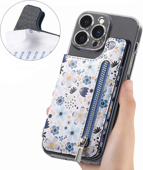Stick on Wallet for Phone Case, Credit Adhesive Card Holder for Back of Phone Cases Flip Leather Zipper Flower Wallet Sleeve Compatible with iPhon...