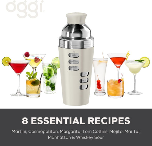 OGGI Dial A Drink Cocktail Shaker-23oz Stainless Steel Shaker, 8 Recipes, Stainless Steel Lid has Built In Strainer, Ideal Cocktail Mixer, Martini...