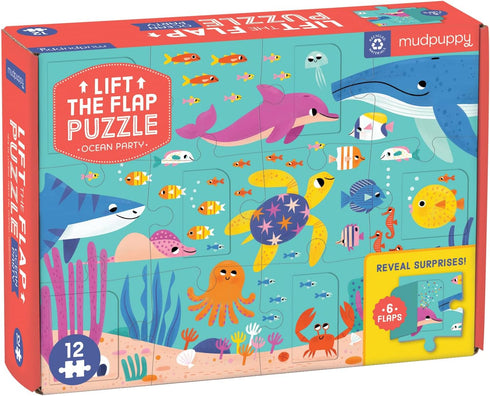 Mudpuppy Ocean Party Lift-The-Flap Puzzle, 12 Pieces, 18” x 13.75” – Jigsaw Puzzle Featuring Friendly Ocean Animals with 6 Flaps to Reveal Surpris...