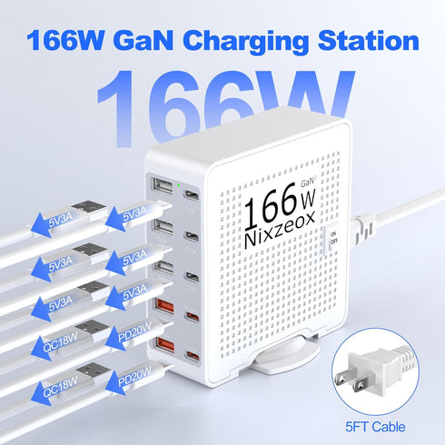 166W GaN10-Port USB C Charging Station PD20W QC18W Fast Charging Wall Charger for iPhone 15/14/13/12/11 iPad Samsung Pixel 5FT Extension Cord Whit...