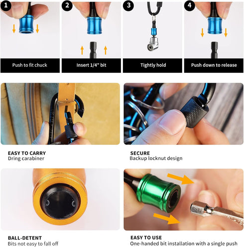 Katerk Bit Holder Key chain Gadgets for Men - 1/4 Drill Bit Holder 6Pcs, w/Drill Socket Adapter 3 Sizes 1/4" 3/8" 1/2", w/ 105° Multifunction Righ...