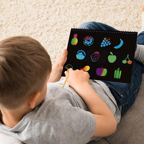 MEMX Scratch Art Books for Kids, 2 Pack Rainbow Magic Scratch Paper Black Scratch it Off Art Crafts Notes Boards Sheet with 2 Wooden Stylus for Be...