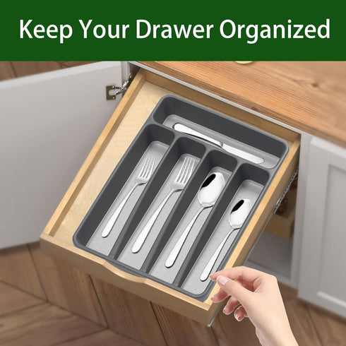 Silverware Organizer Utenisl Organizer Holder Kitchen Drawer Organizer Plastic Silverware Tray for Drawer Flatware Organizer 5 Compartment Black...