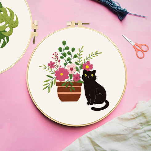 FREEBLOSS 4 Set 8'' Embroidery Kit for Beginners Cats&Plants Pattern Embroidery Kit with Instructions Full Kit of Embroidery Cloth 2 Embroidery Ho...