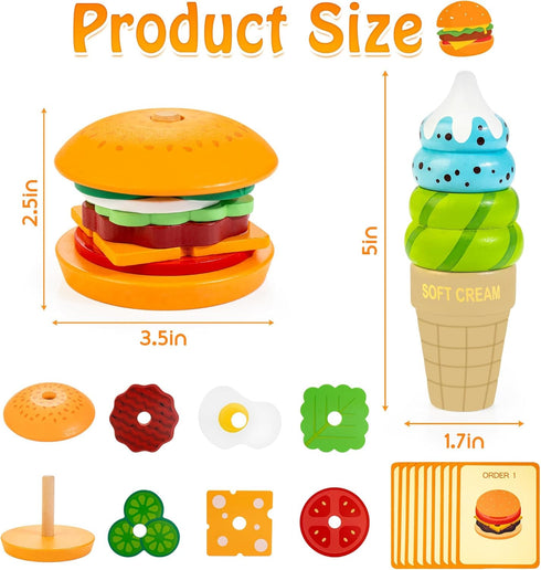 Bravmate Wooden Montessori Toys for 1 2 3 Years Old Kids, Realistic Burger & Ice Cream Toy, Stacking & Pretend Play for Little Chef, Preschool Pla...