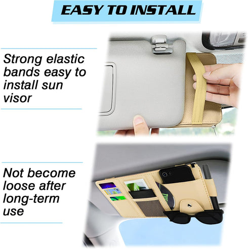 Car Sun Visor Organizer, Leather Pocket Organizer Sunglass Holder for Car Interior Accessories with Multi-Pocket Net Zipper (Beige)...